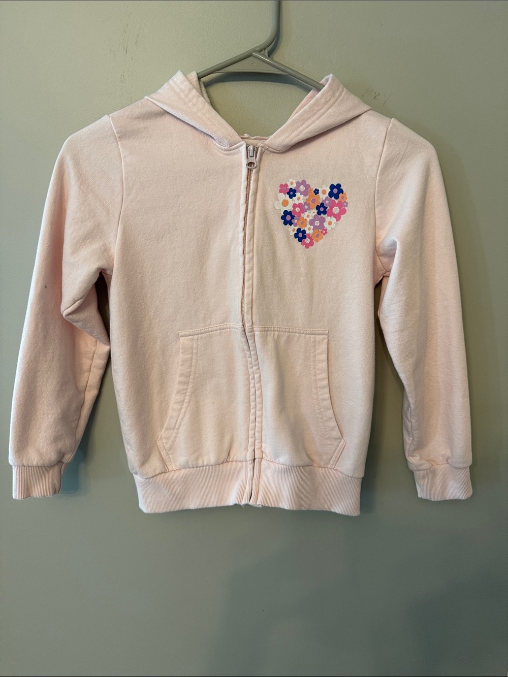 Girls' Light Pink Floral Heart Zip-Up Hoodie, Size M 10/12